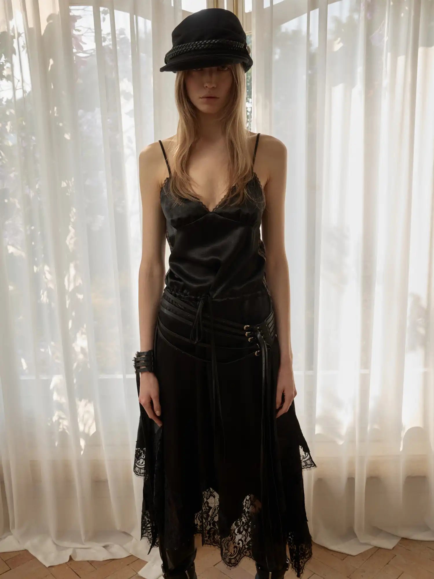 1Jinn Studio Coquette Lace Plaid Asymmetrical Satin Slip Midi Dress | Canton Collective