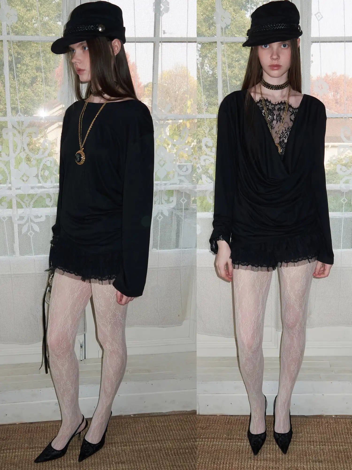 1Jinn Studio Coquette Y2K Sheer Lace Cowl Back Long Sleeve Top | Canton Collective