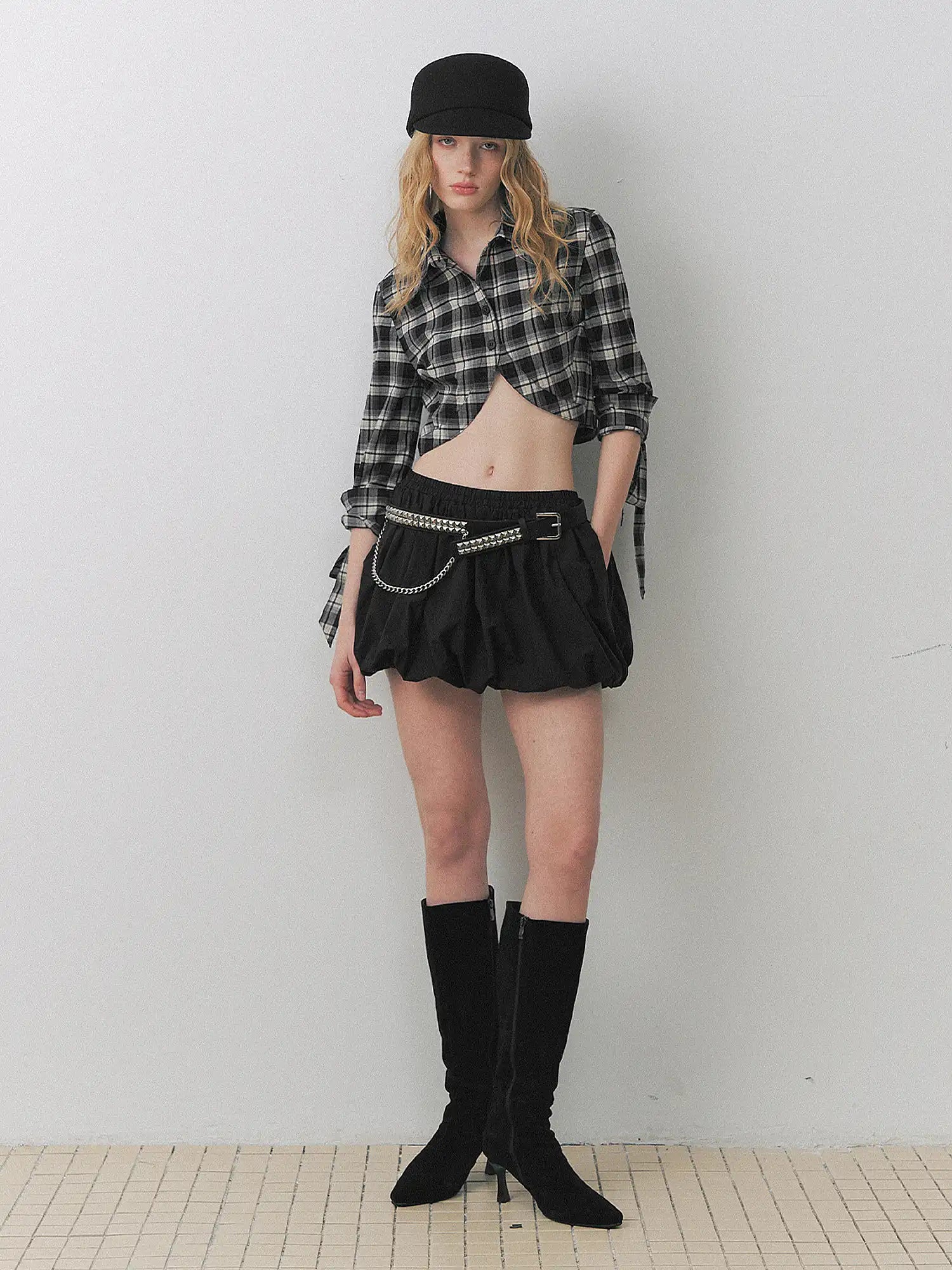 Deleteex Cropped Curved Hem Check Mini Blouse | Canton Collective