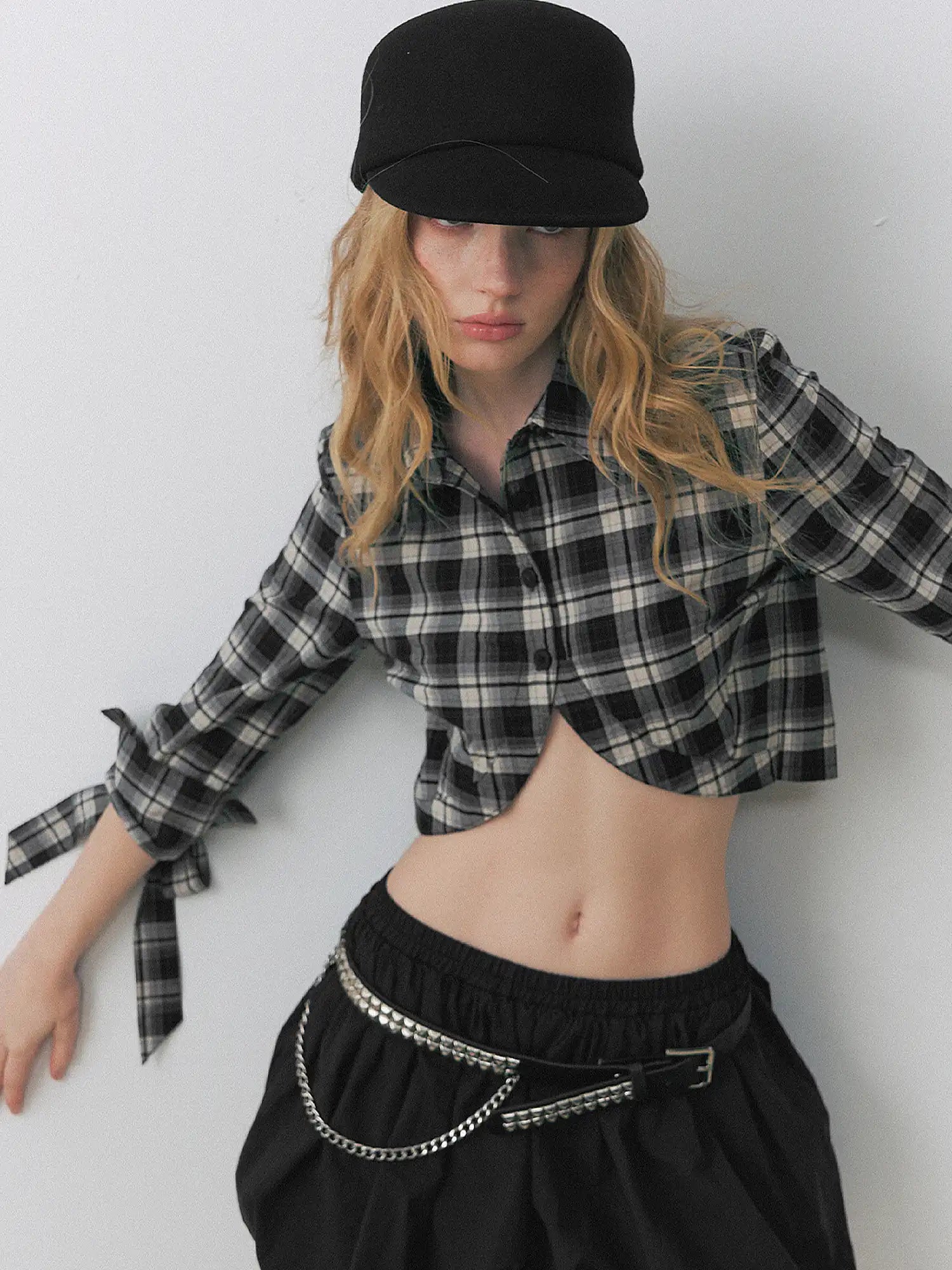 Deleteex Cropped Curved Hem Check Mini Blouse | Canton Collective