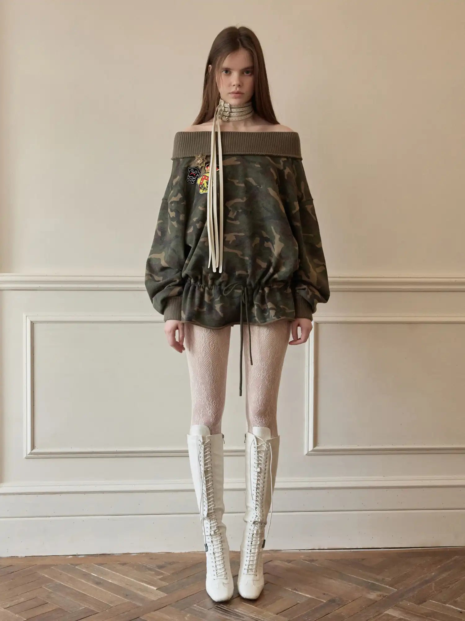 1Jinn Studio Dark Camo Hoodie Off Shoulder Ribbed Collar Top | Canton Collective