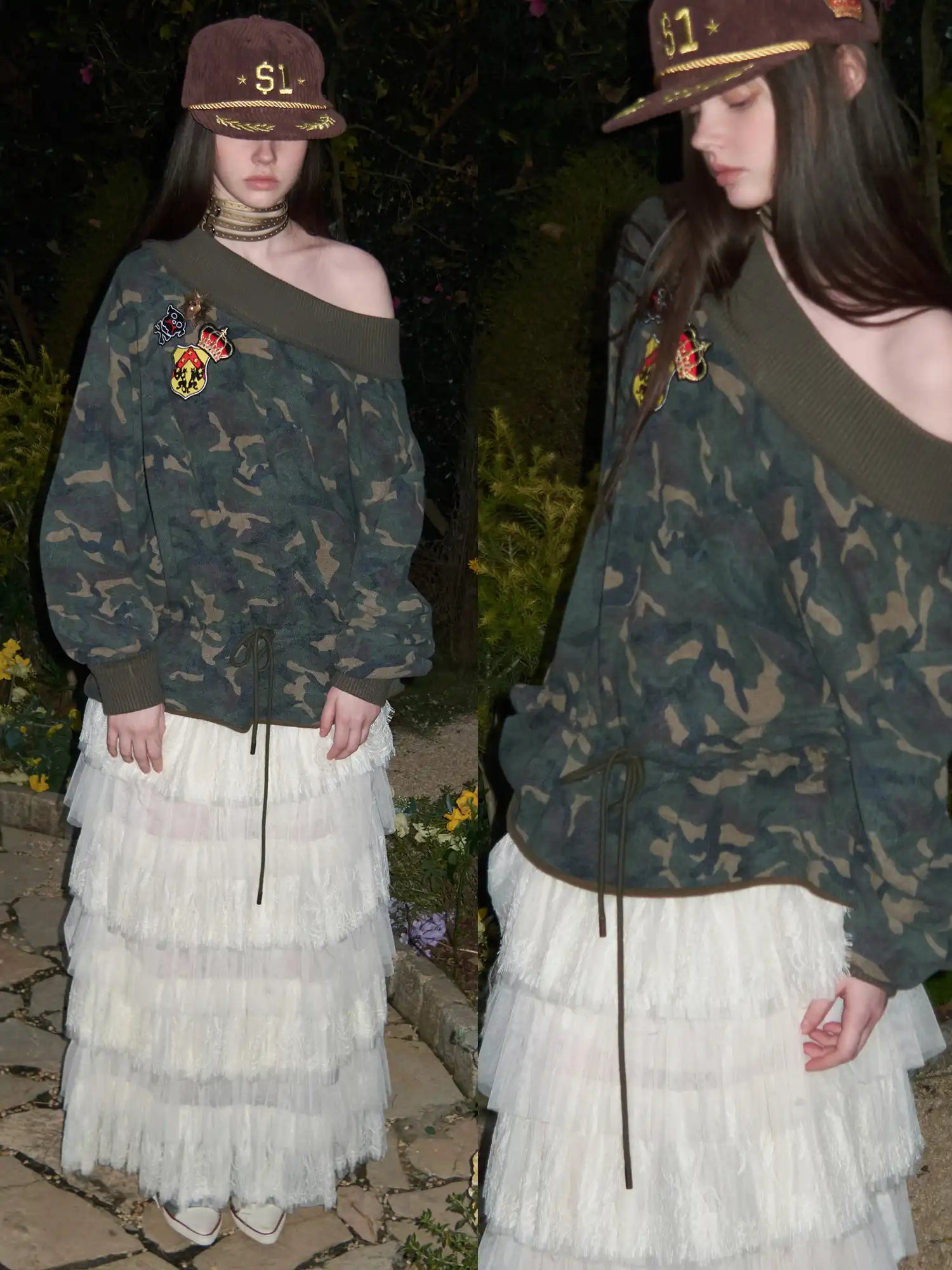 1Jinn Studio Dark Camo Hoodie Off Shoulder Ribbed Collar Top | Canton Collective