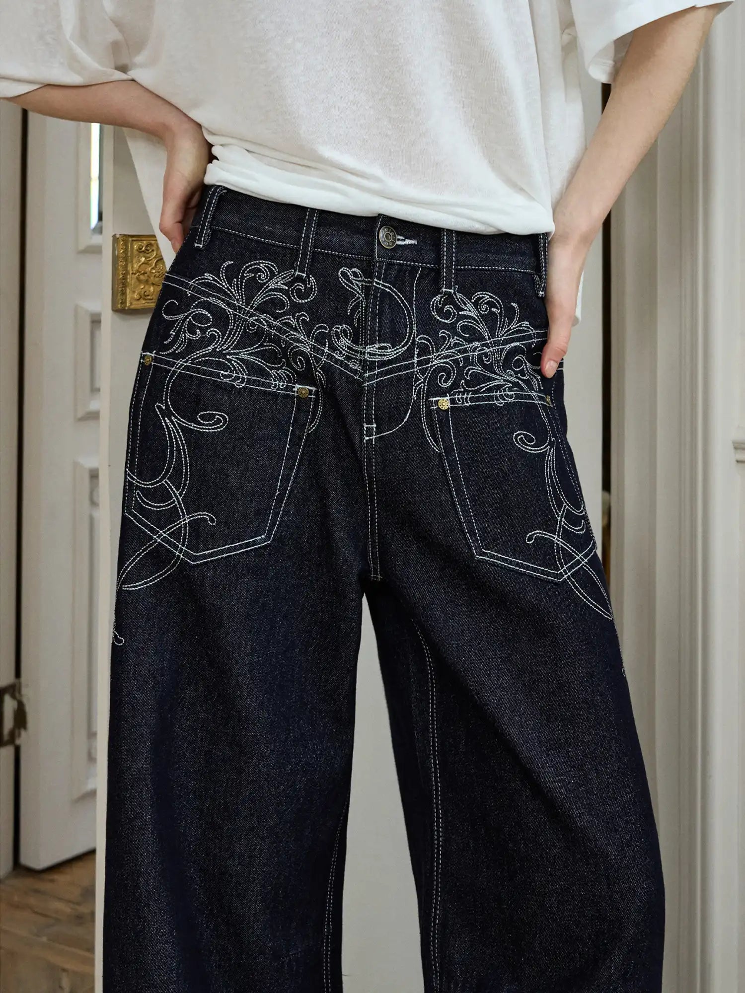 Deleteex Deconstructed Embroidered Low Rise Wide Leg Jeans | Canton Collective