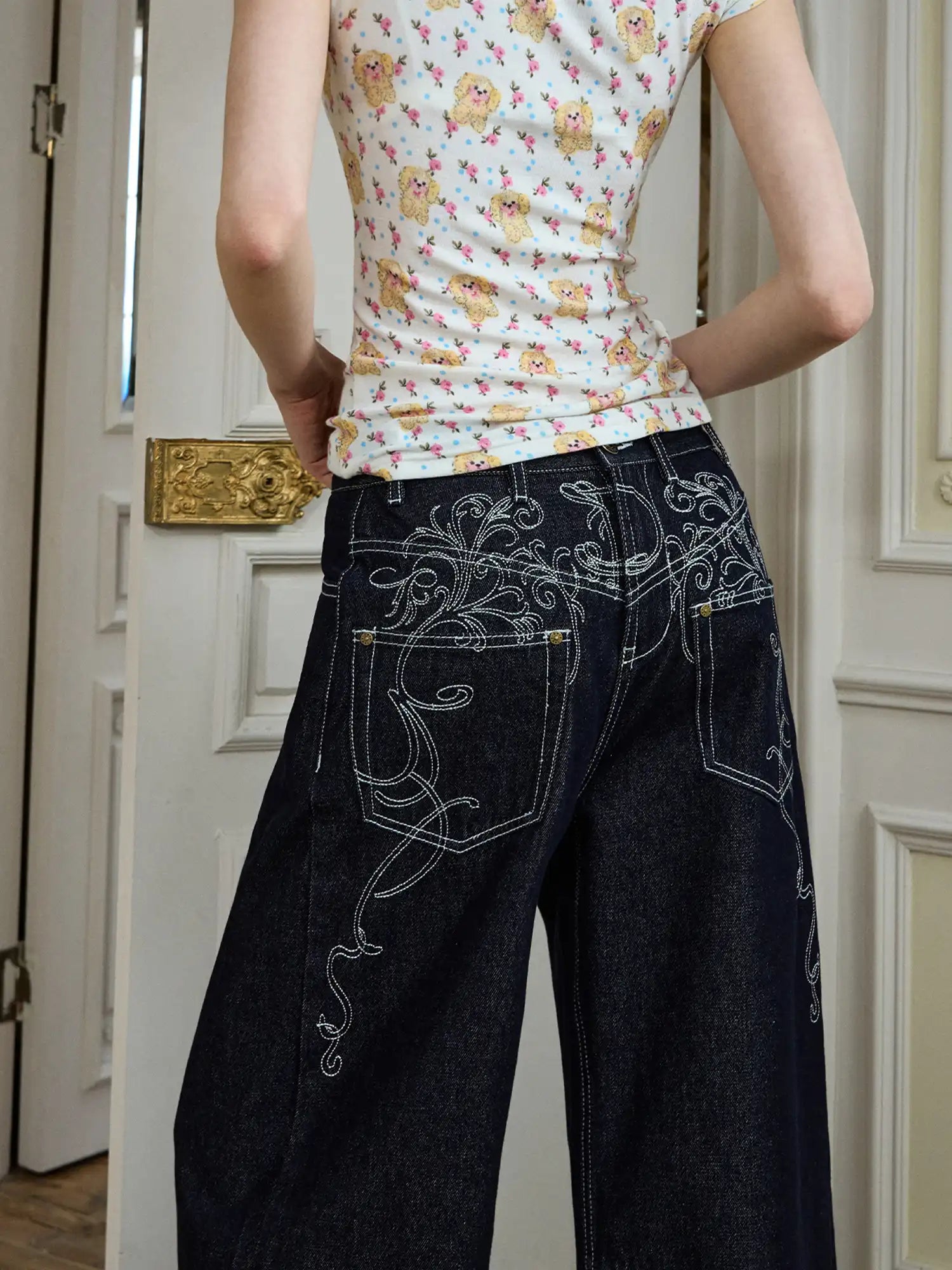 Deleteex Deconstructed Embroidered Low Rise Wide Leg Jeans | Canton Collective