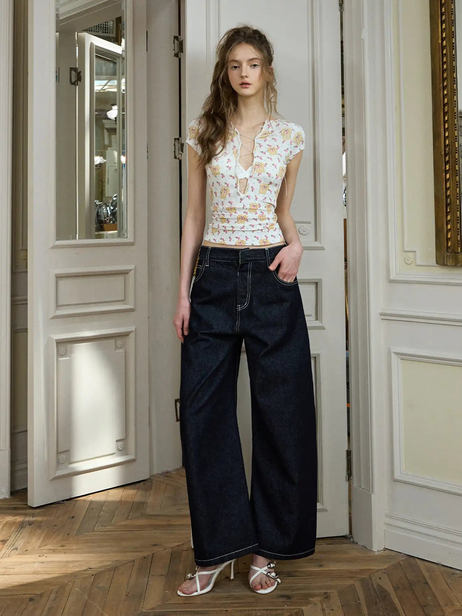 Deleteex Deconstructed Embroidered Low Rise Wide Leg Jeans | Canton Collective