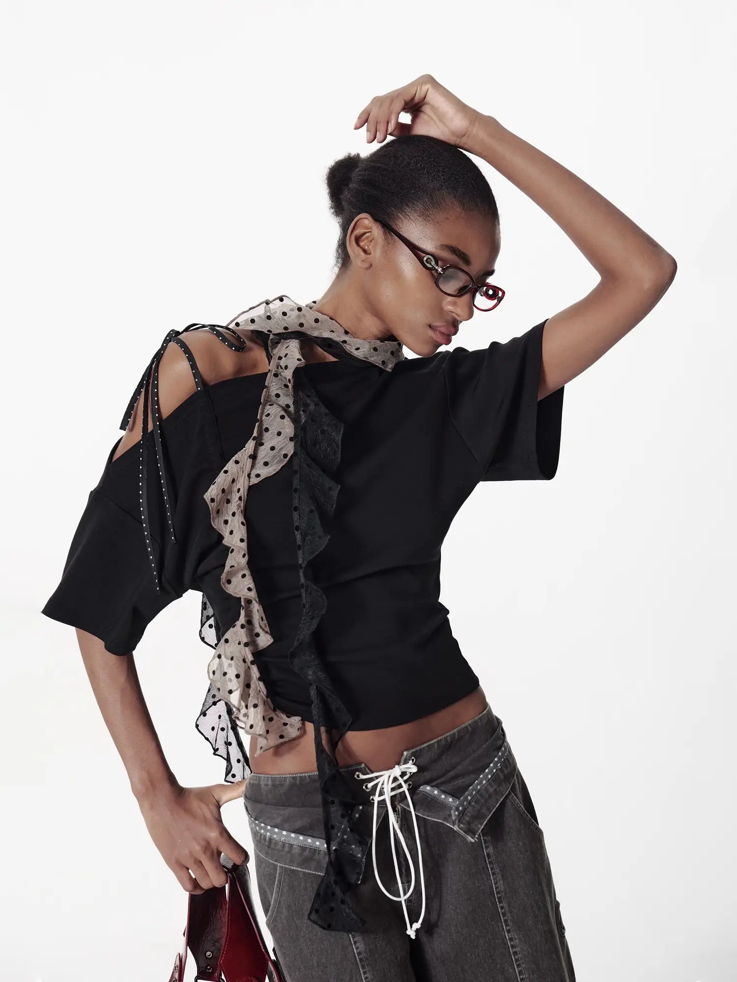 2th Desire Deconstructed Spliced Polka Dot Off-Shoulder Top | Canton Collective