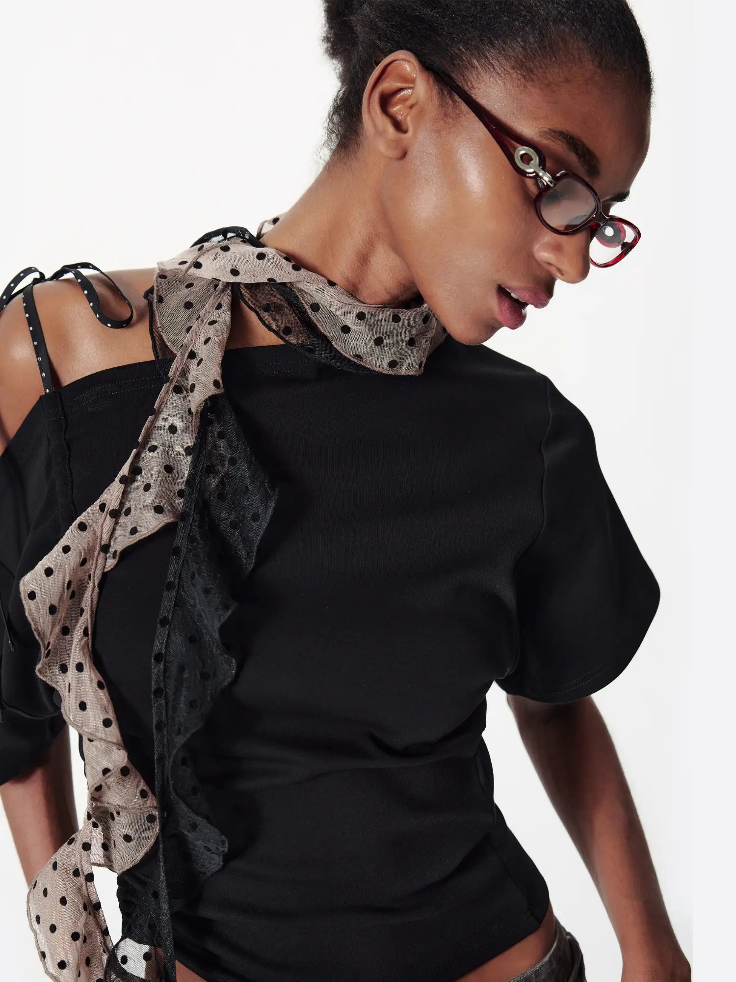 2th Desire Deconstructed Spliced Polka Dot Off-Shoulder Top | Canton Collective