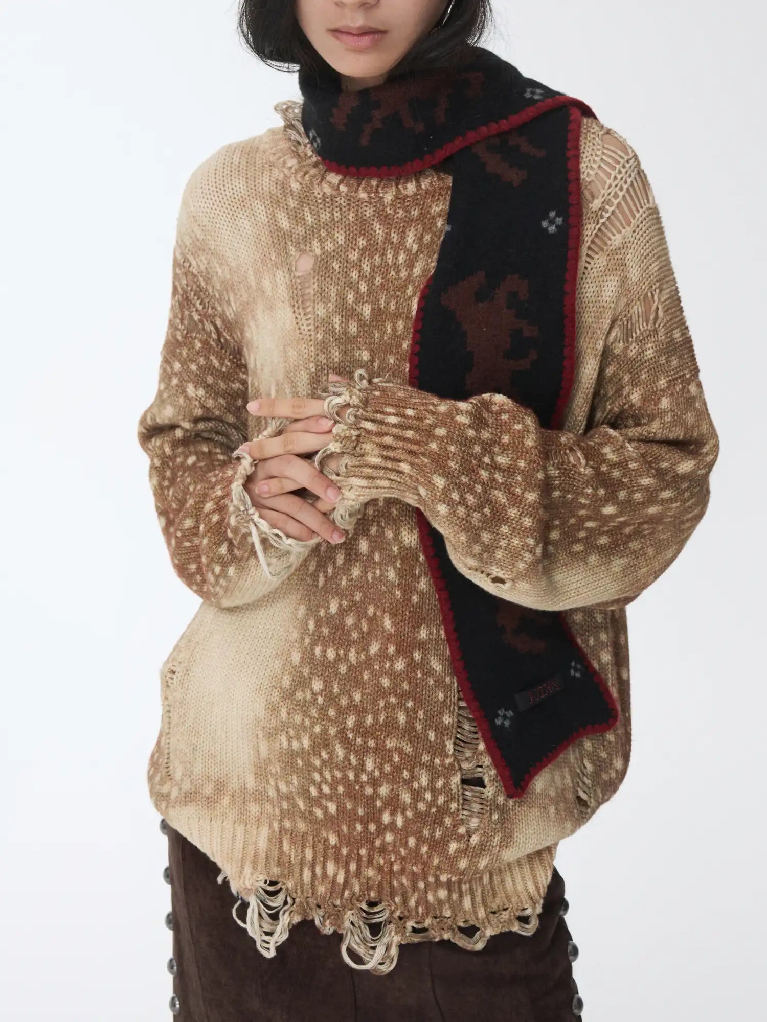 1Jinn Studio Deer Print Distressed Sweater | Canton Collective