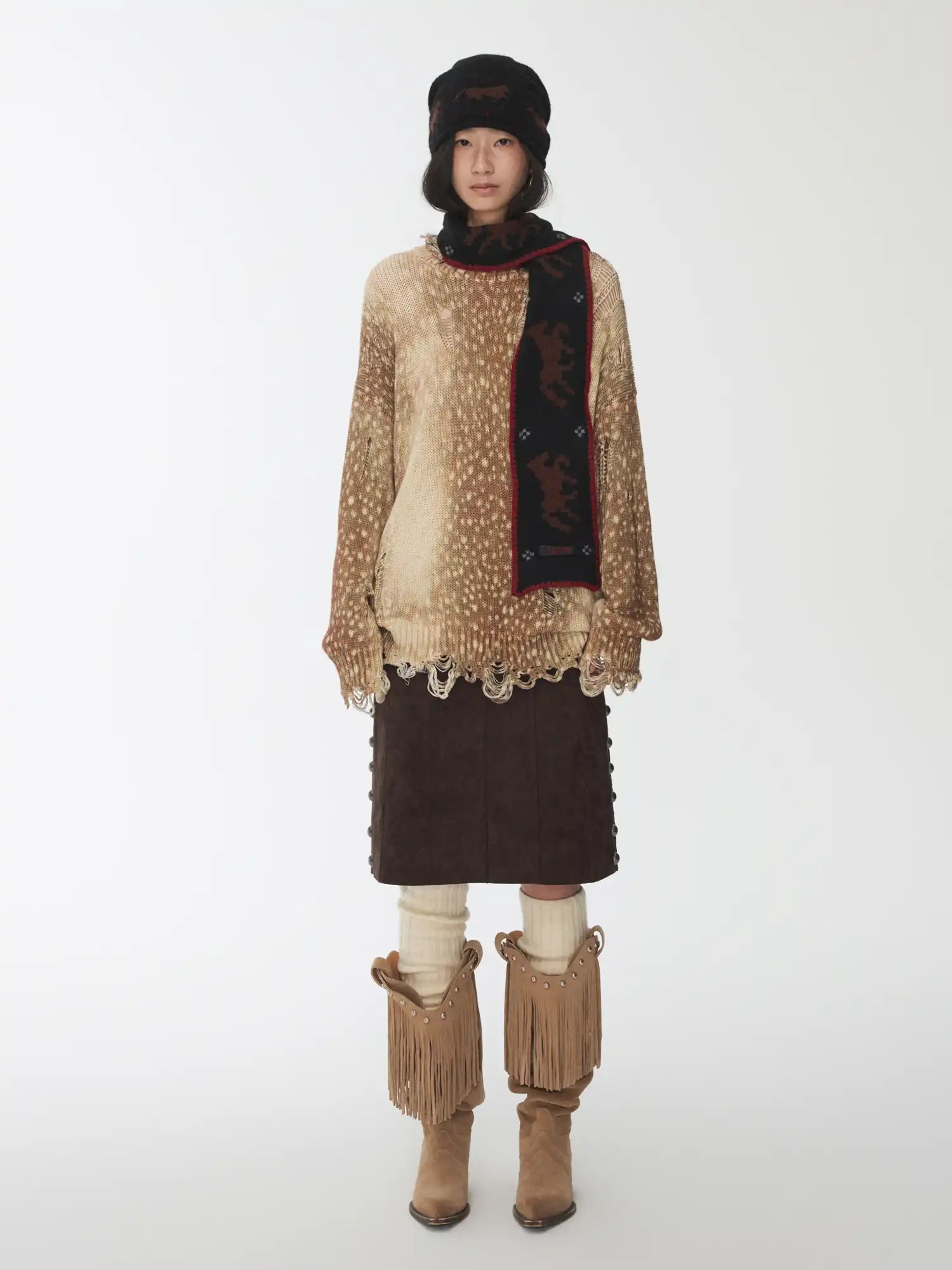 1Jinn Studio Deer Print Distressed Sweater | Canton Collective