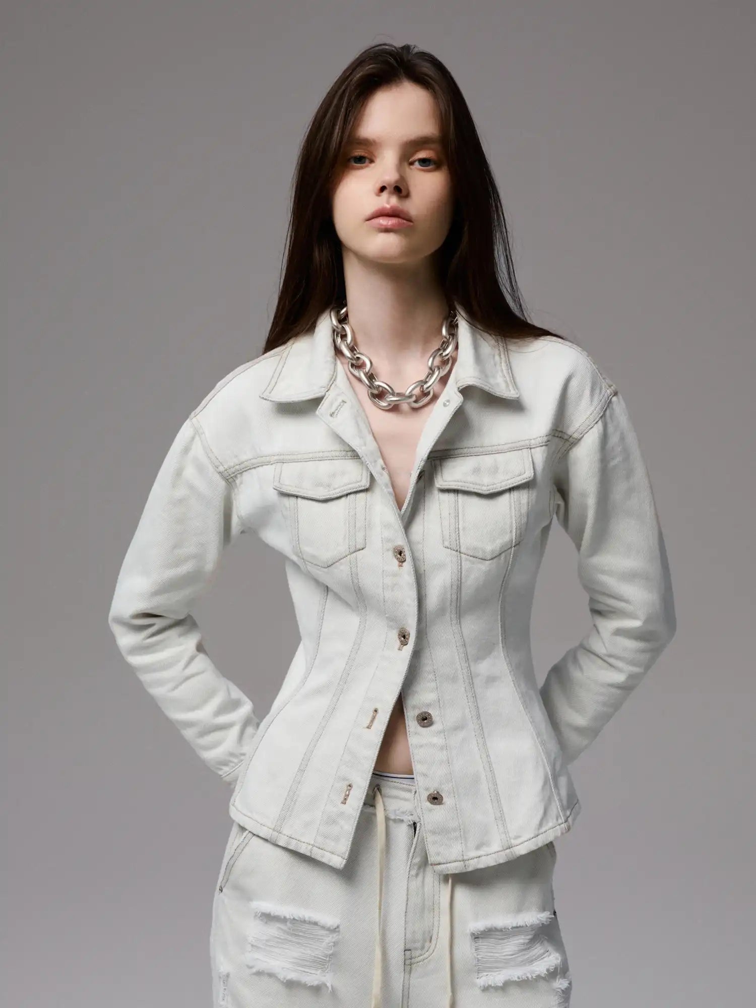 1Jinn Studio Distressed White Denim Jacket | Canton Collective