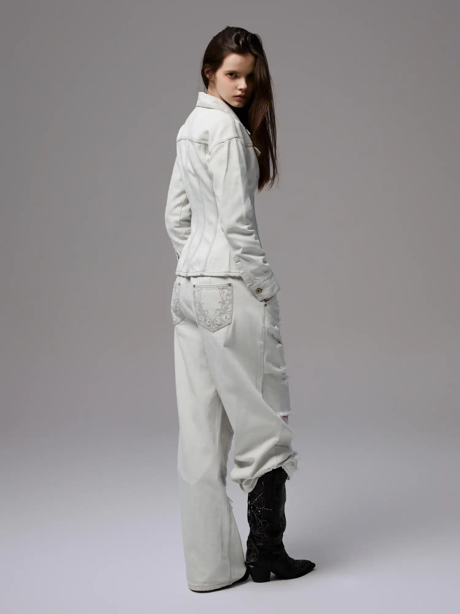 1Jinn Studio Distressed White Denim Jacket | Canton Collective