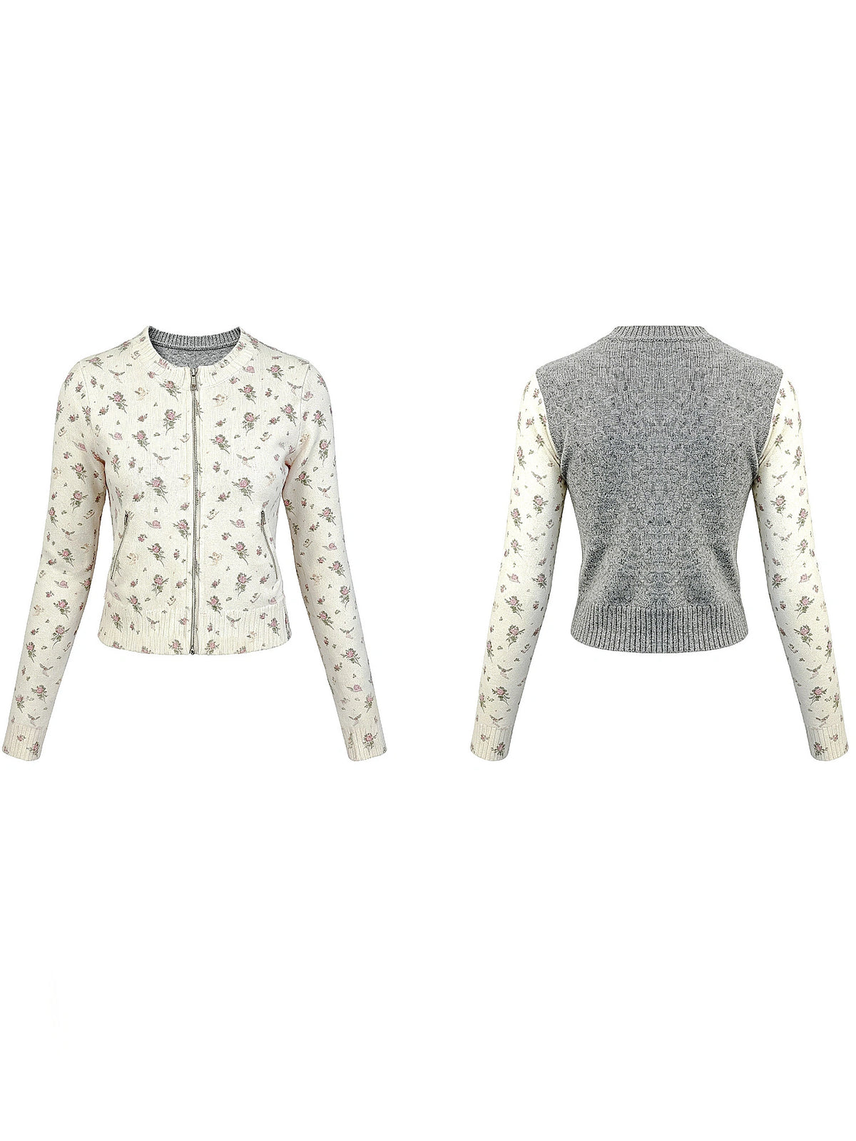2HK TWO HOUR KEYYY Ditsy Floral Jacquard Knit Cropped Zip Cardigan | Canton Collective