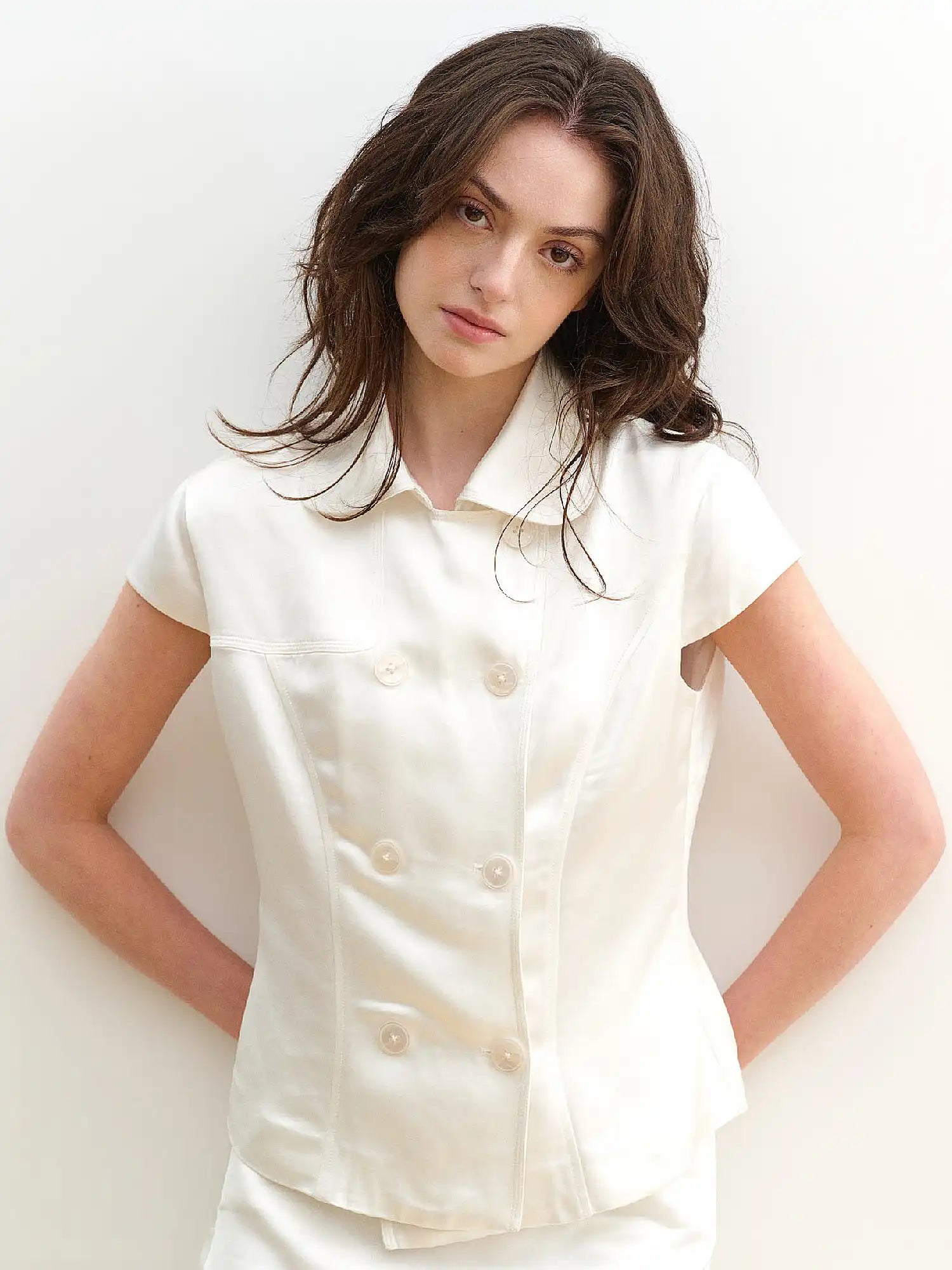 Muse Naps Double Breasted White Satin Shirt | Canton Collective