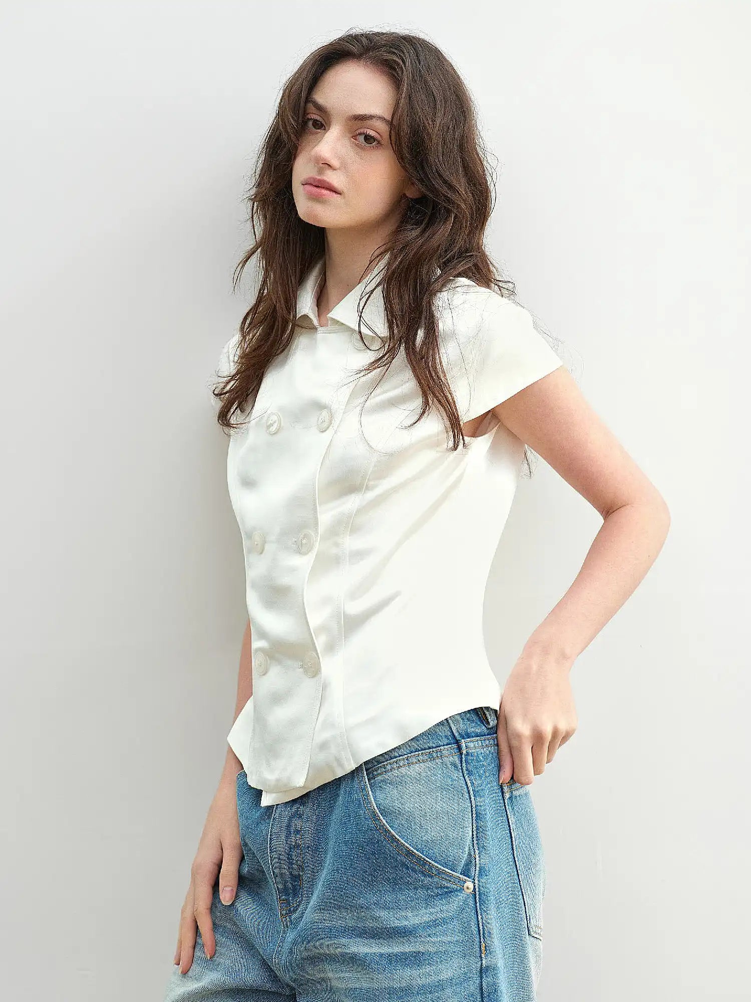Muse Naps Double Breasted White Satin Shirt | Canton Collective