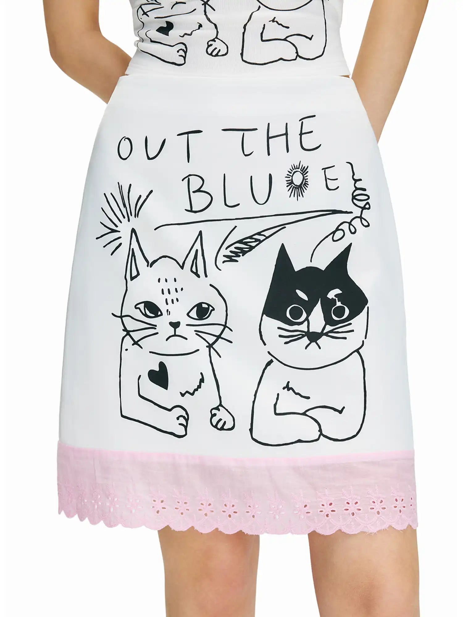 Outtheblue Pink Eyelet Cat Print A-Line Mini Skirt | Canton Collective