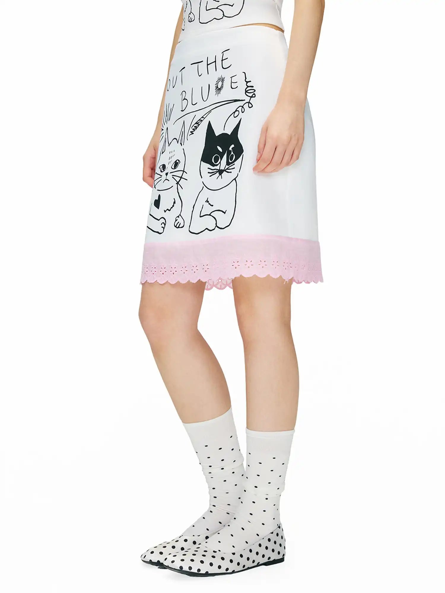 Outtheblue Pink Eyelet Cat Print A-Line Mini Skirt | Canton Collective
