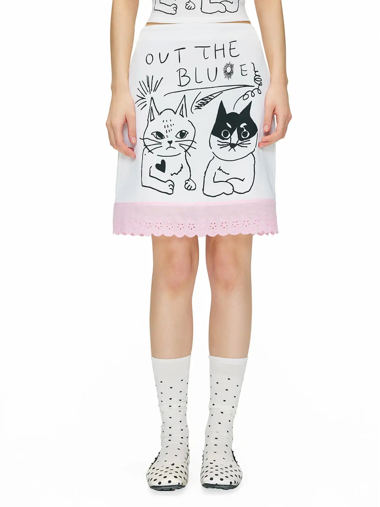 Outtheblue Pink Eyelet Cat Print A-Line Mini Skirt | Canton Collective