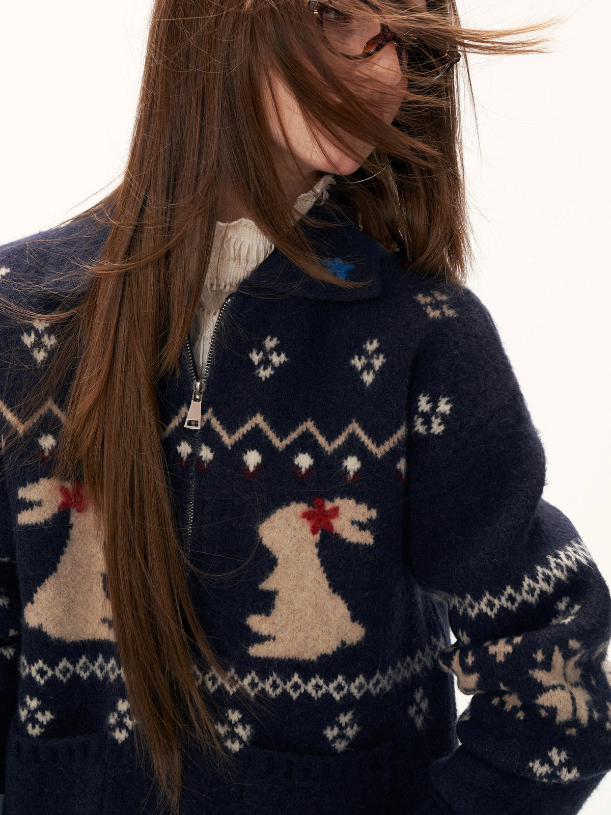 MAMC Fair Isle Rabbit Intarsia Zip Cropped Cardigan | Canton Collective