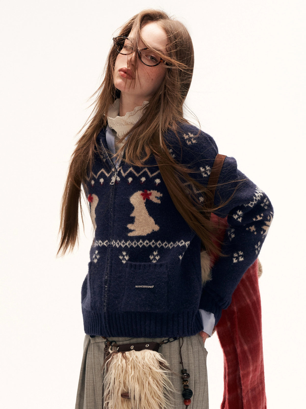 MAMC Fair Isle Rabbit Intarsia Zip Cropped Cardigan | Canton Collective