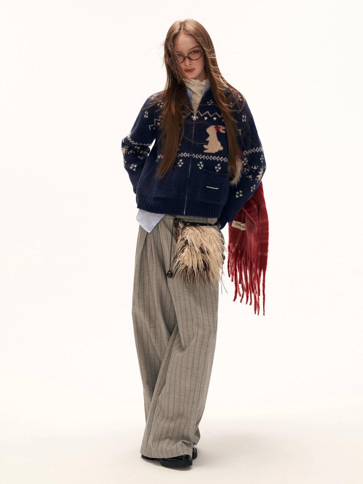 MAMC Fair Isle Rabbit Intarsia Zip Cropped Cardigan | Canton Collective