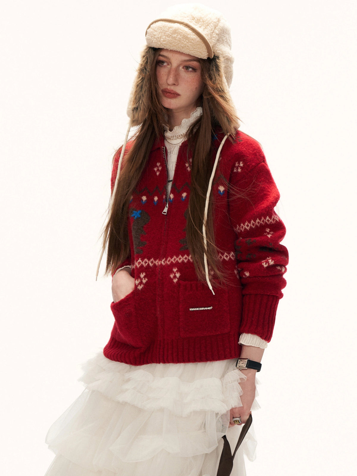 MAMC Fair Isle Rabbit Intarsia Zip Cropped Cardigan | Canton Collective