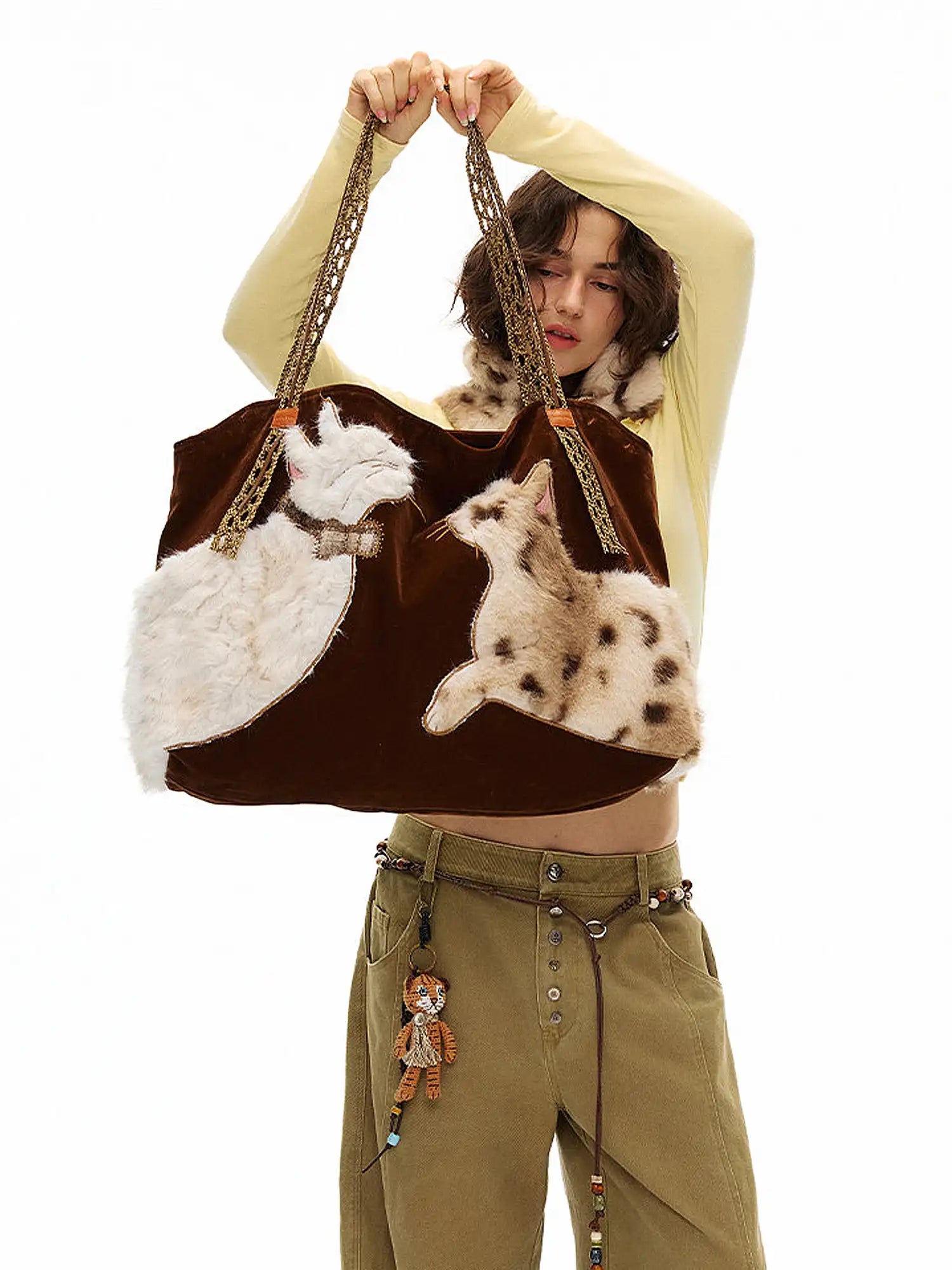Outtheblue Faux Fur Cat Embroidered Suede Tote Bag | Canton Collective