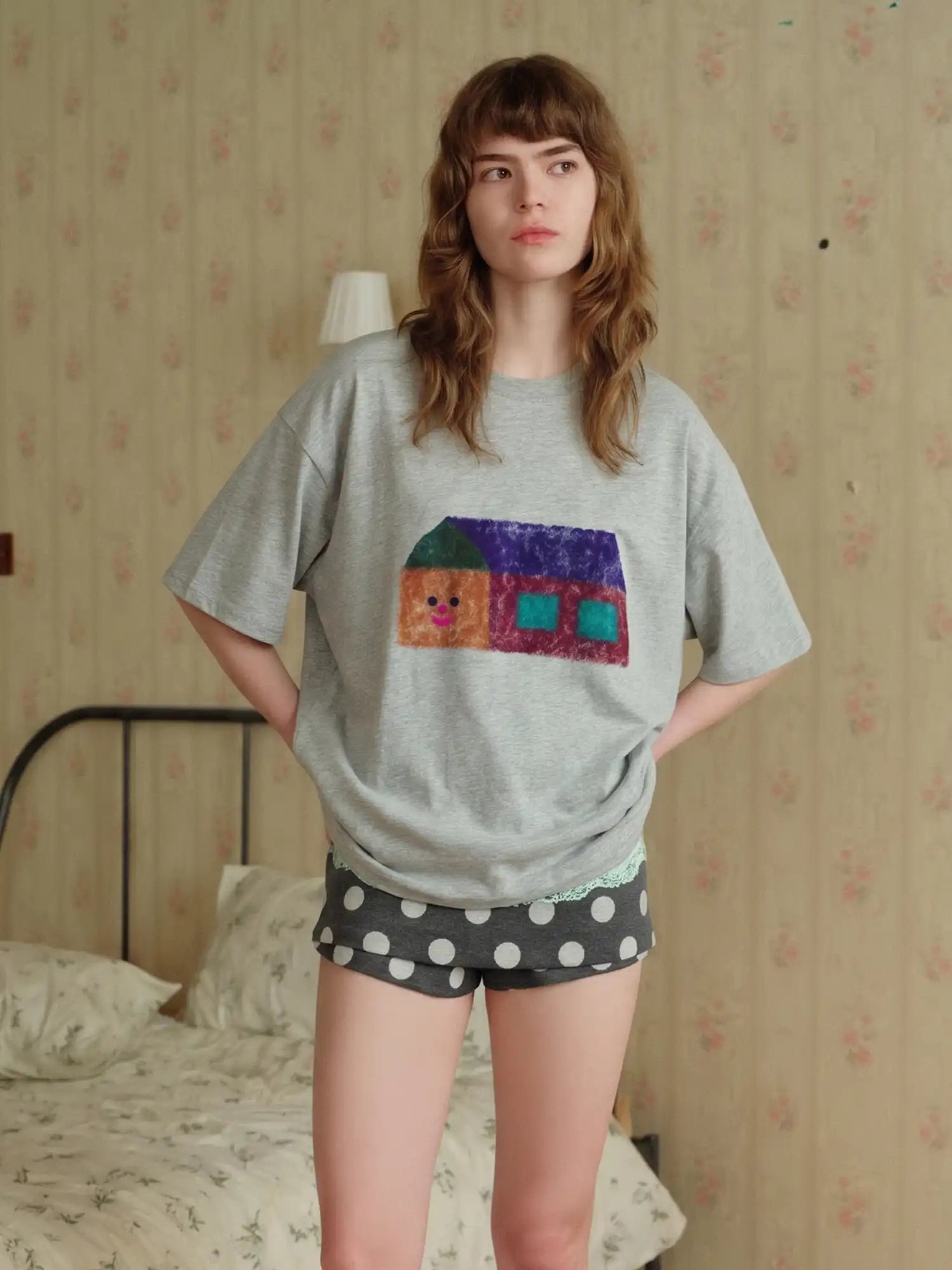 CantonCollective Design Felt Applique Oversized Tee with Kawaii House Character | Canton Collective