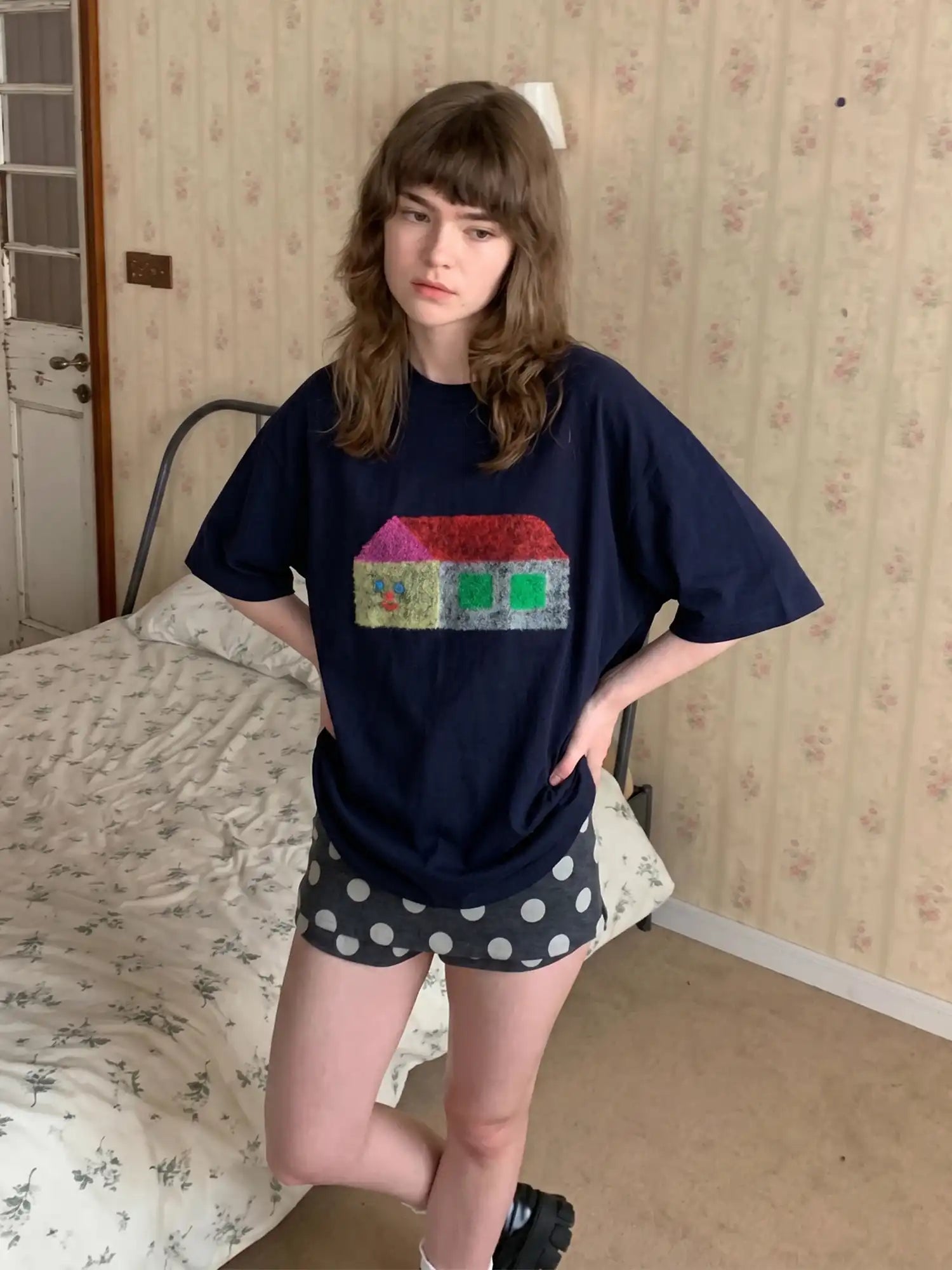CantonCollective Design Felt Applique Oversized Tee with Kawaii House Character | Canton Collective