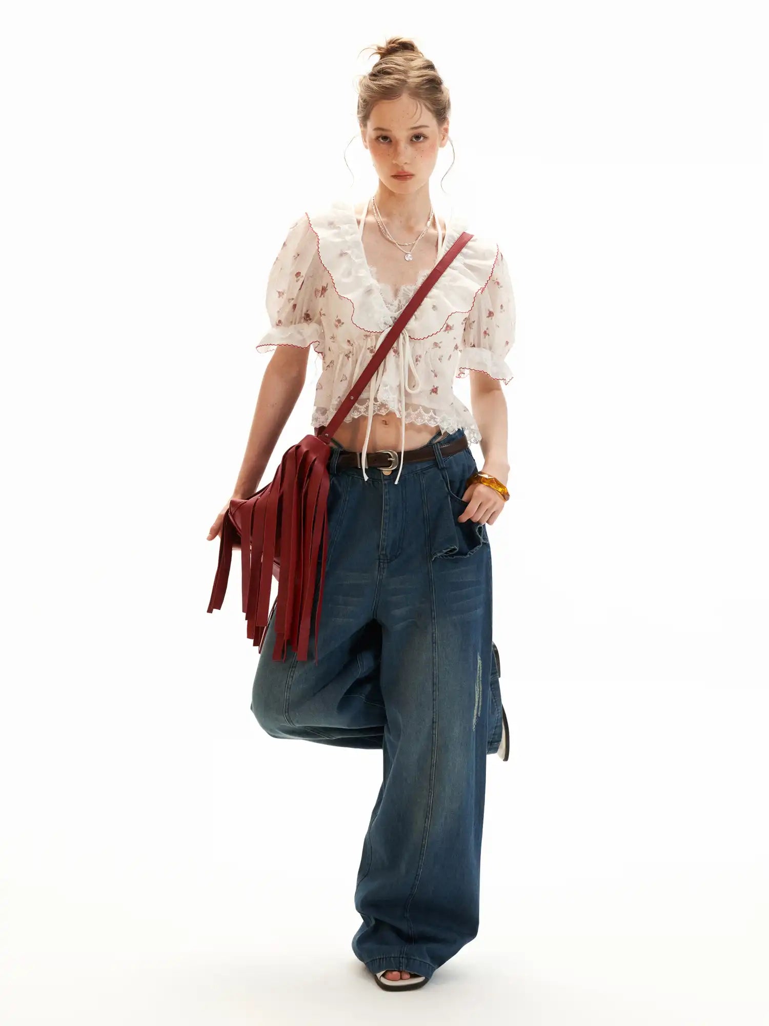 MAMC Floral Tie Front Ruffle Crop Top | Canton Collective