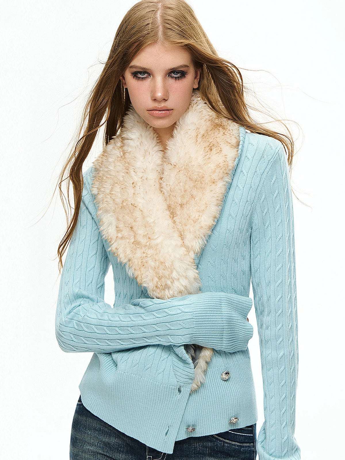 Deleteex Fur Collar Cable-Knit Button Cardigan | Canton Collective
