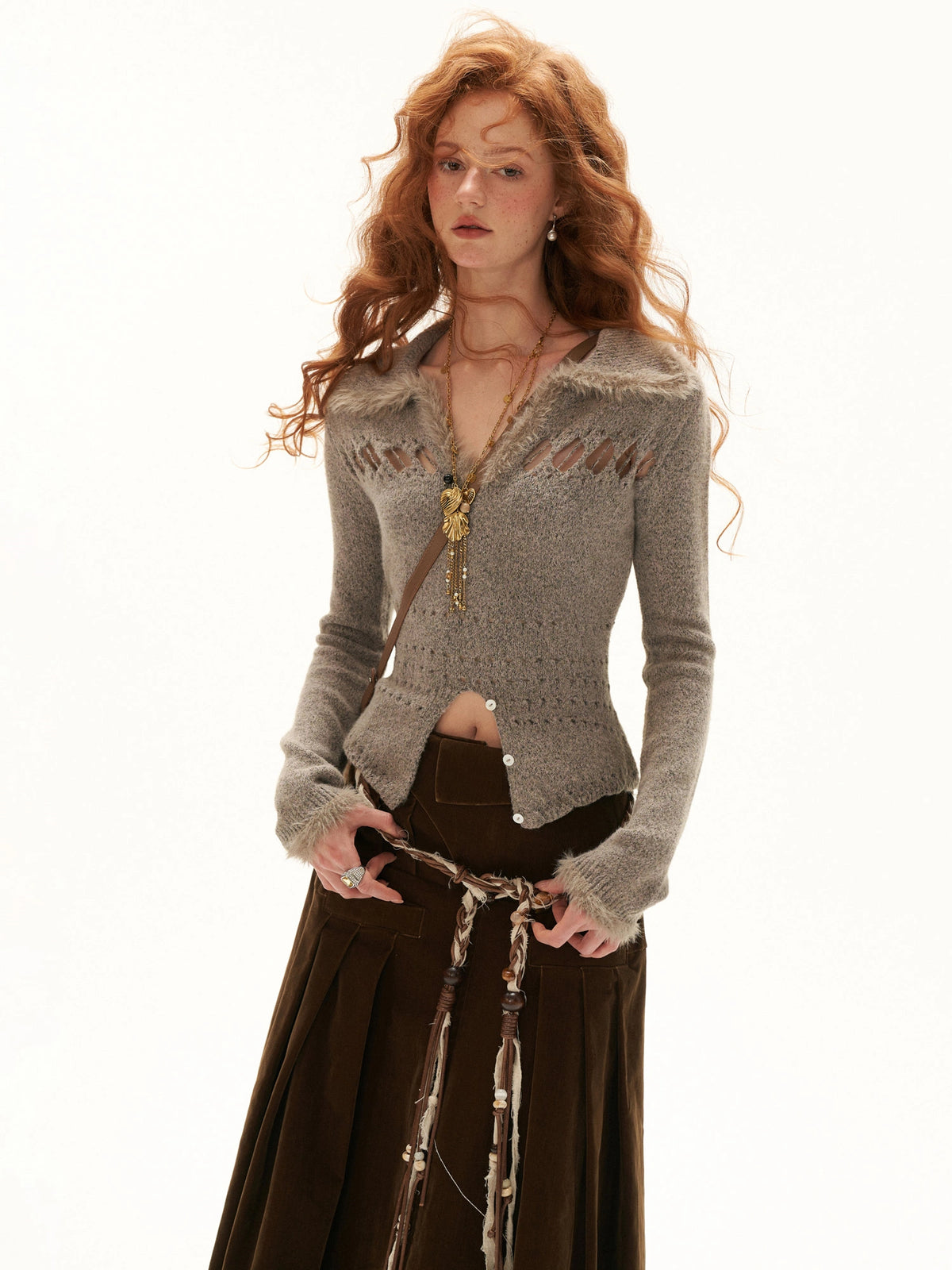 MAMC Fur Trim V-Neck Cropped Knit Top | Canton Collective