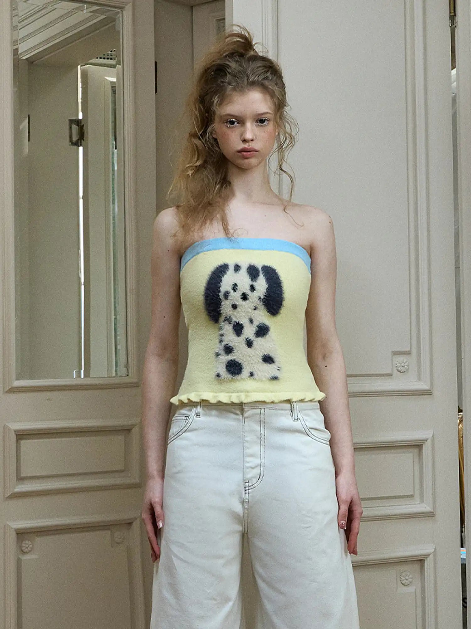 Deleteex Fuzzy Dalmatian Print Tube Top Faux Mink Knit Strapless Fitted Bandeau | Canton Collective