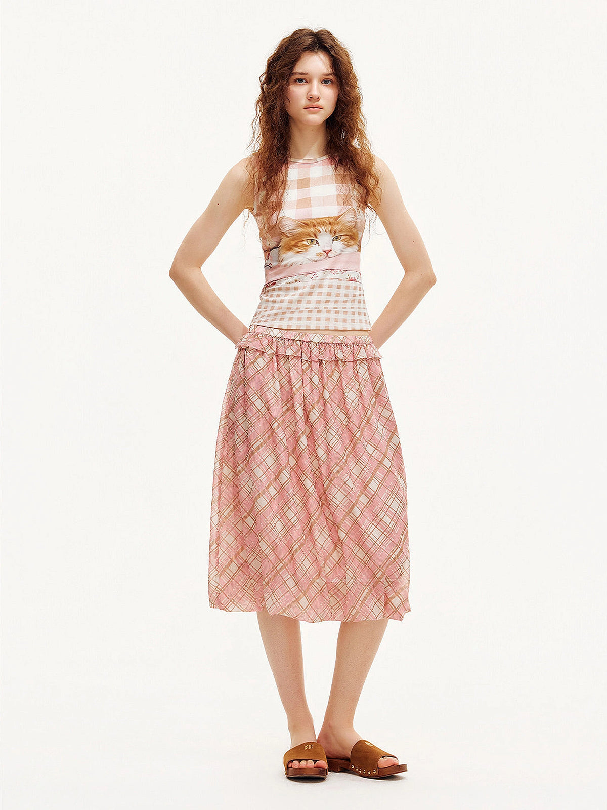 Outtheblue Gingham Cat Graphic Fitted Crop Tank Top | Canton Collective