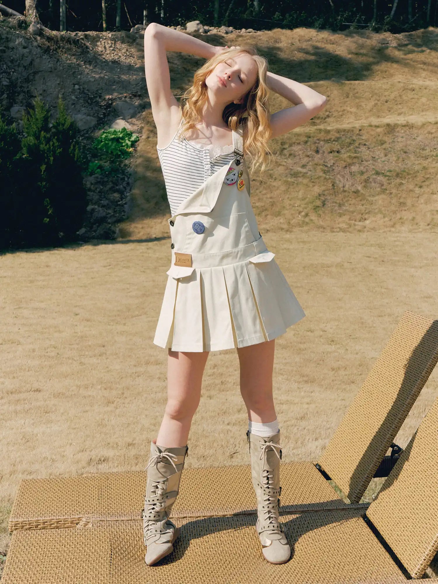 Deleteex Girly Beige Pinafore Pleated Mini Dress | Canton Collective