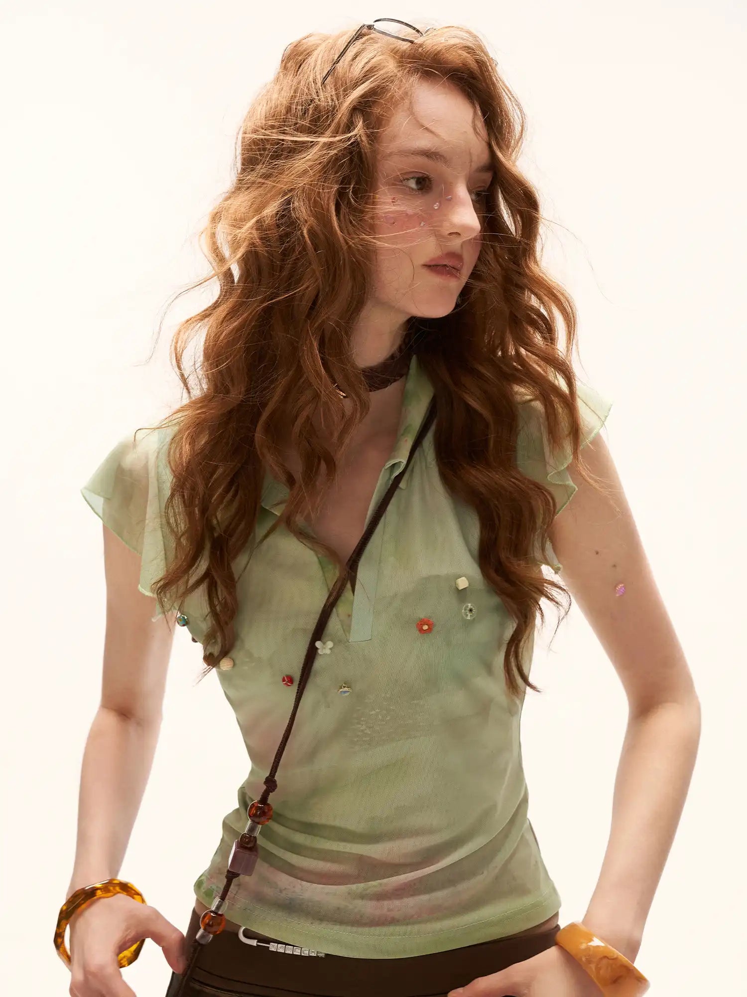 MAMC Green Flutter Sleeve Beaded Polo Top | Canton Collective