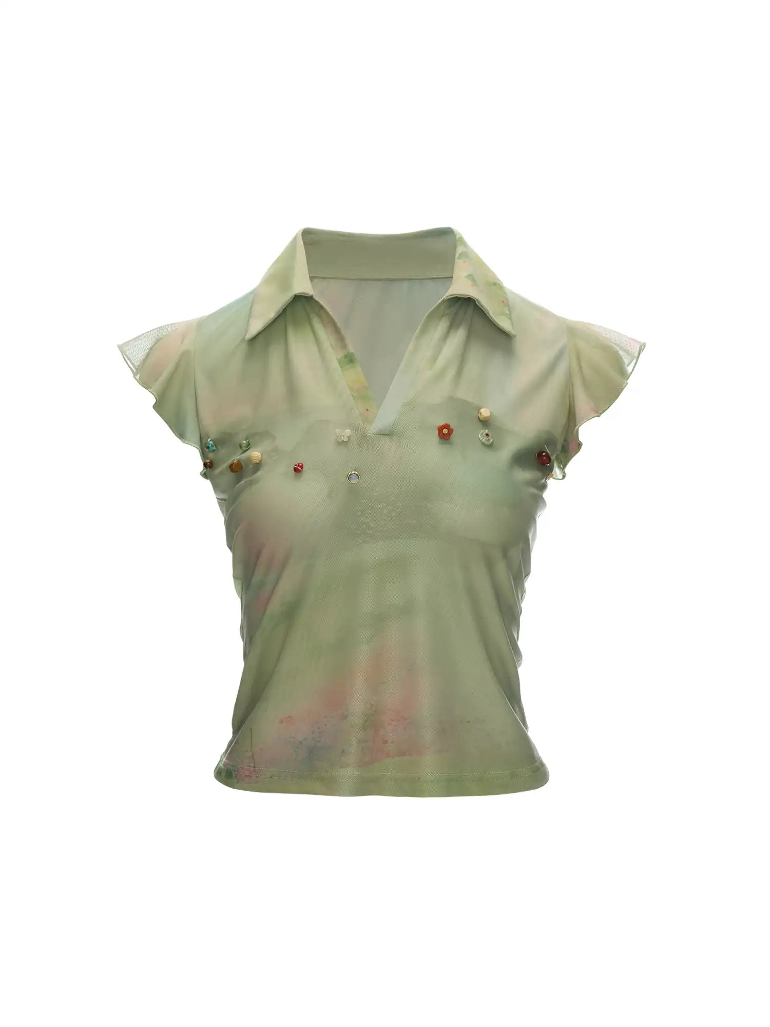 MAMC Green Flutter Sleeve Beaded Polo Top | Canton Collective