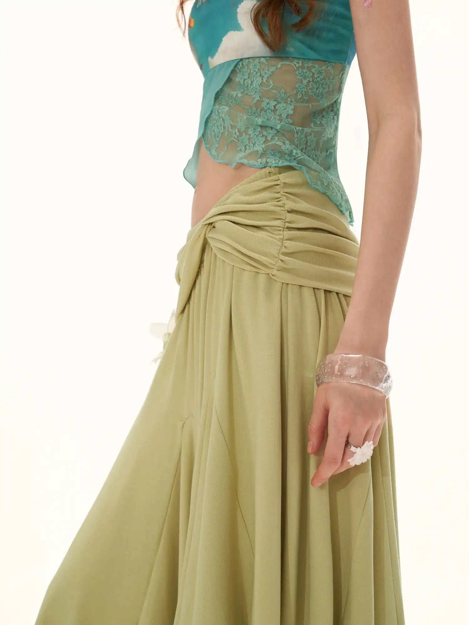 MAMC Green Fold Over Asymmetric Hem Midi Skirt | Canton Collective