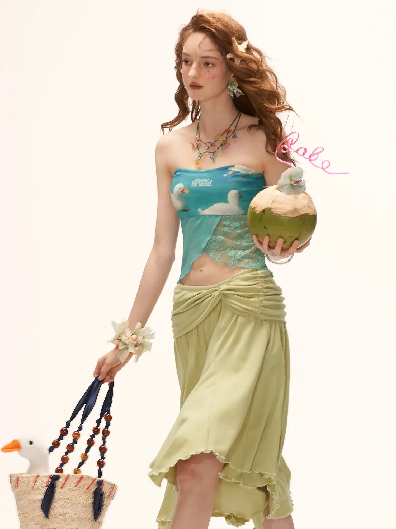 MAMC Green Fold Over Asymmetric Hem Midi Skirt | Canton Collective