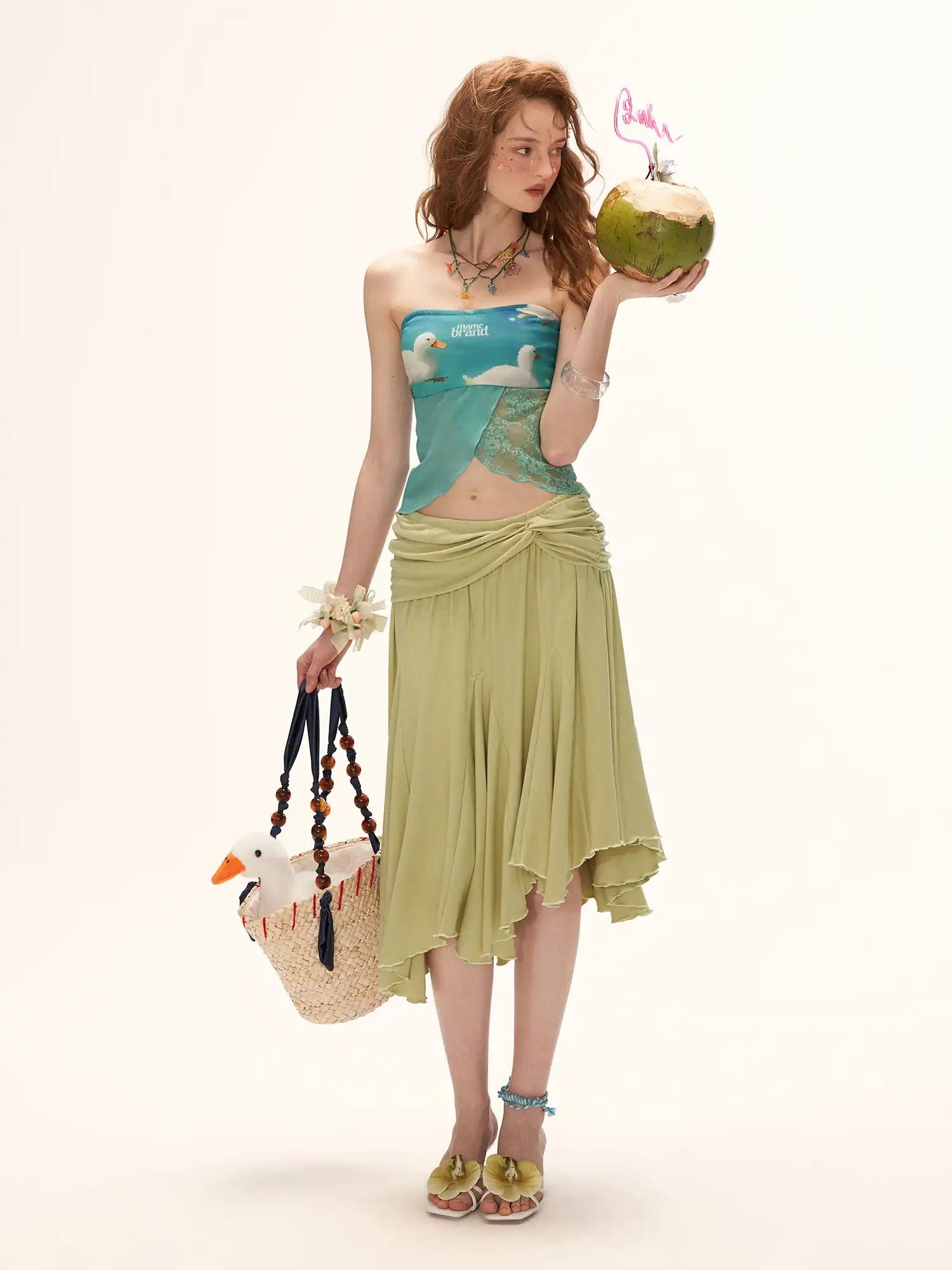MAMC Green Fold Over Asymmetric Hem Midi Skirt | Canton Collective