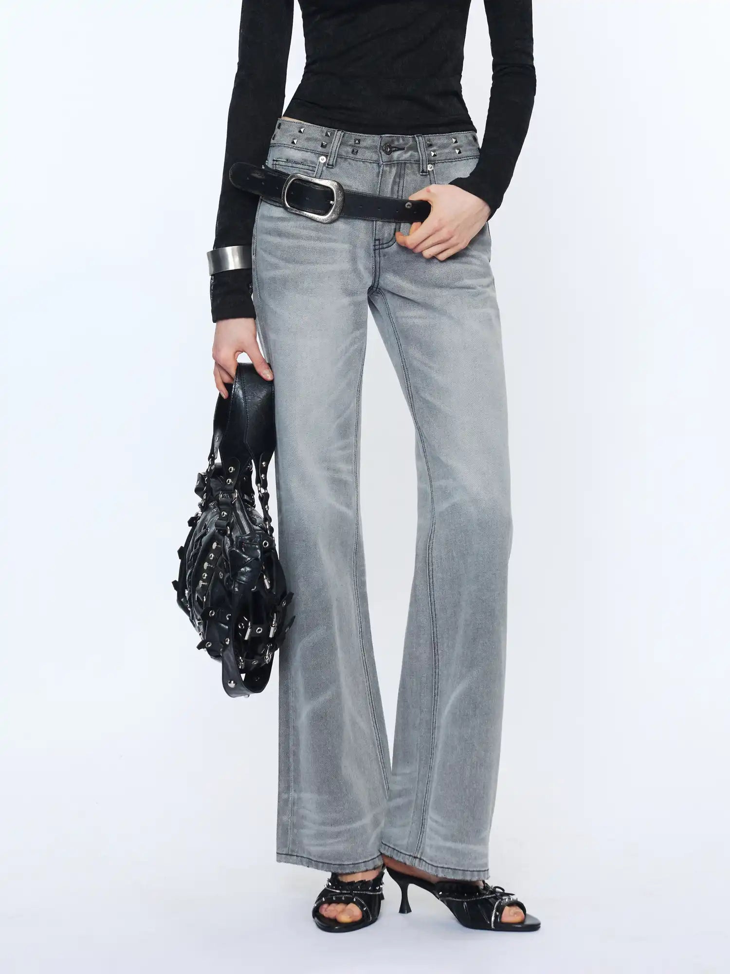 2th Desire Grey Whisker Wash Studded Waistband Jeans | Canton Collective