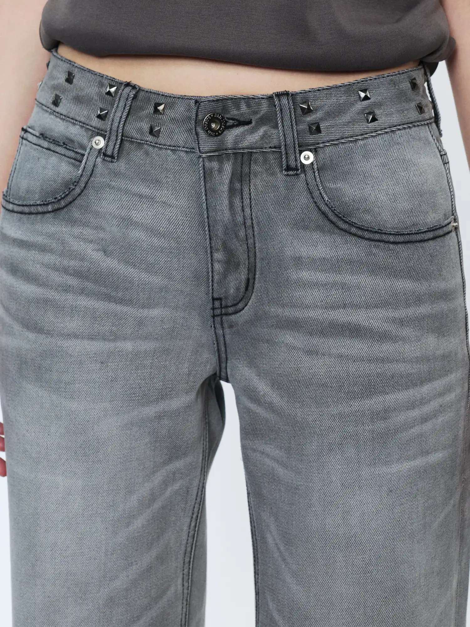 2th Desire Grey Whisker Wash Studded Waistband Jeans | Canton Collective
