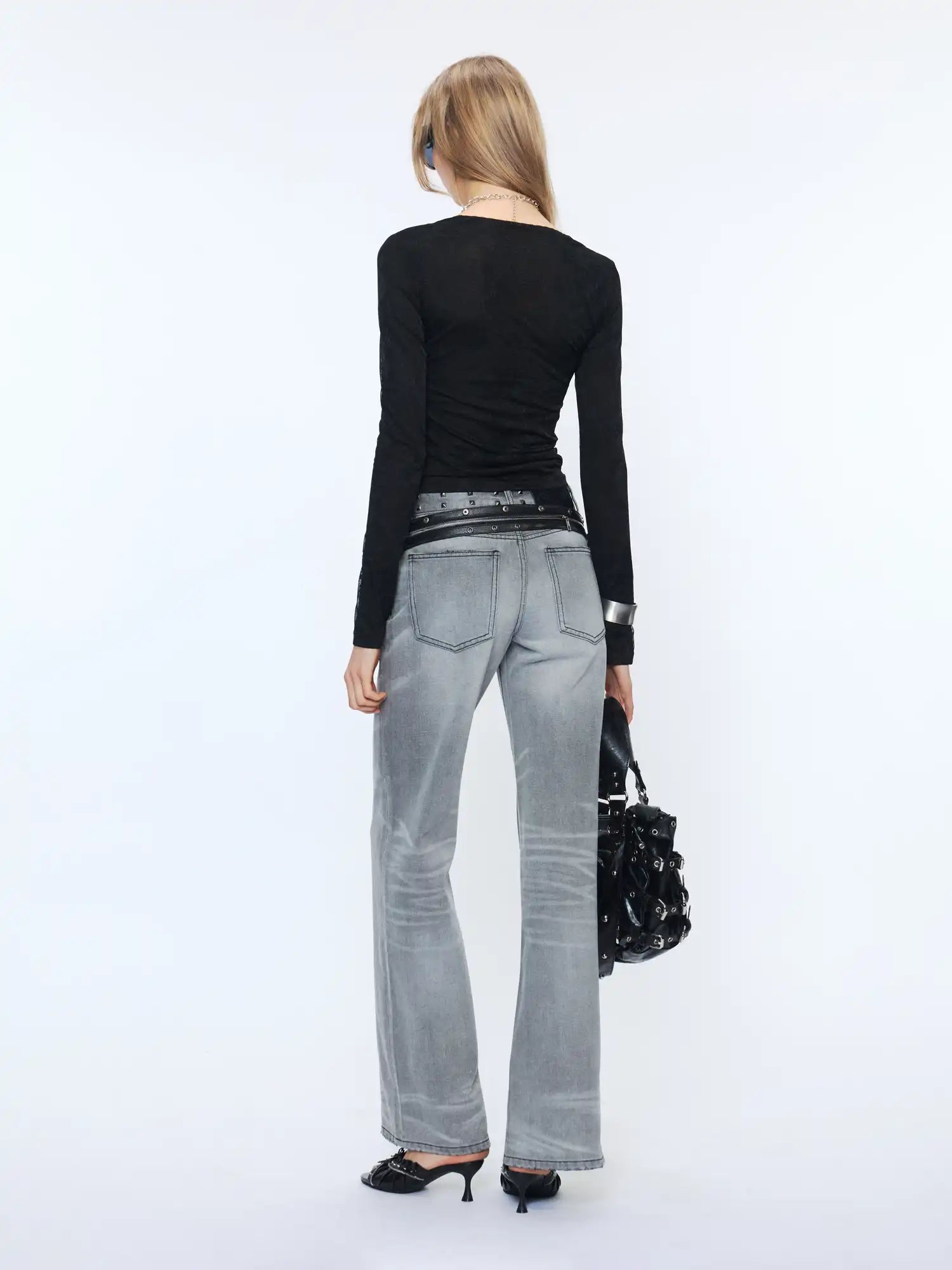 2th Desire Grey Whisker Wash Studded Waistband Jeans | Canton Collective