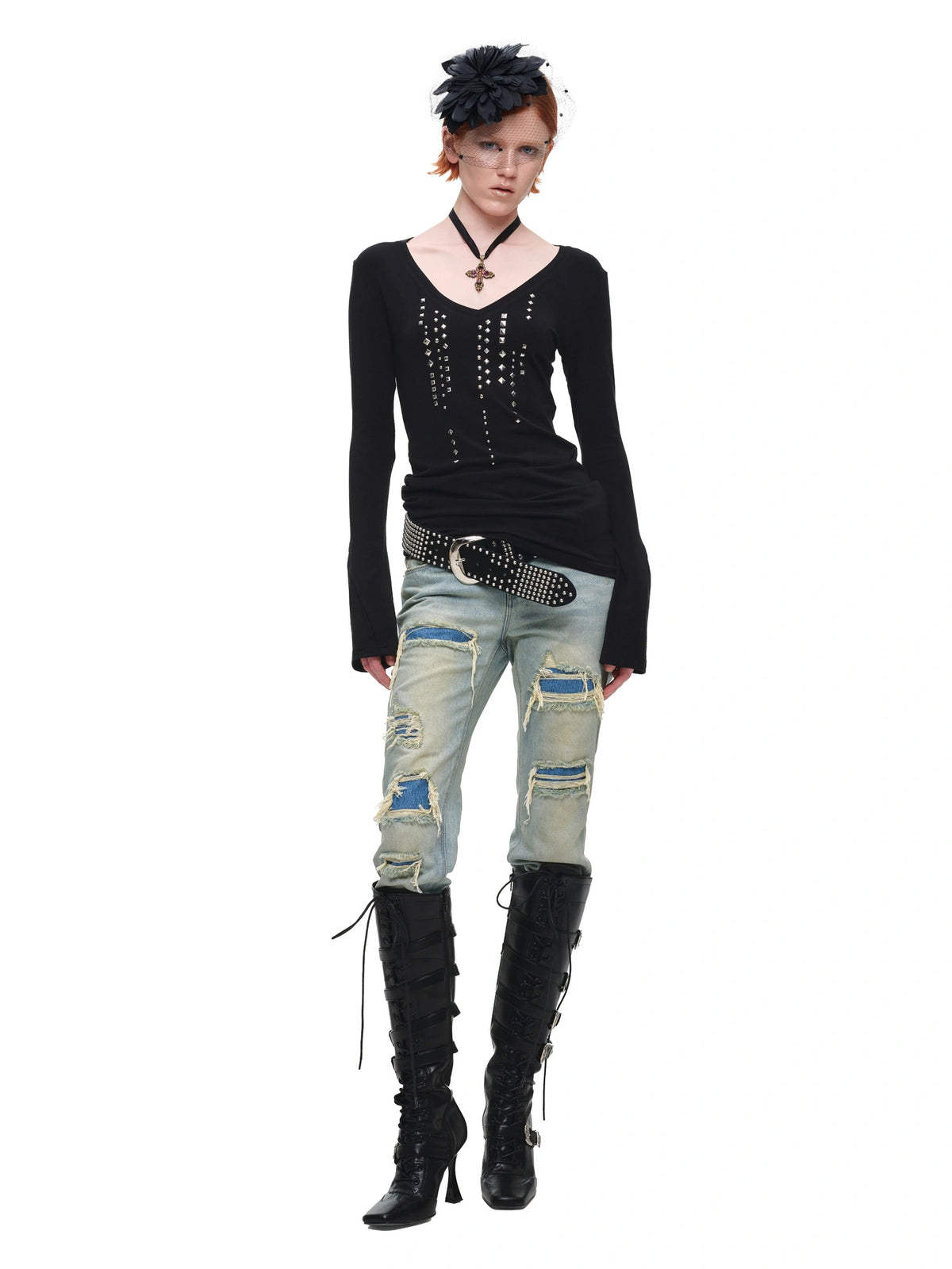 1Jinn Studio Grunge Studded Long Sleeve V Neck Top | Canton Collective