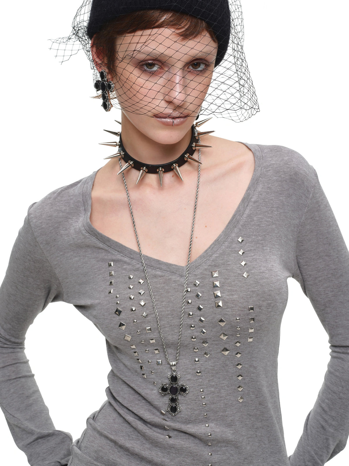 1Jinn Studio Grunge Studded Long Sleeve V Neck Top | Canton Collective