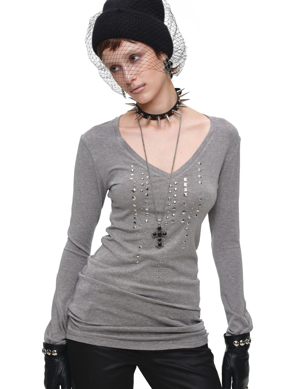1Jinn Studio Grunge Studded Long Sleeve V Neck Top | Canton Collective