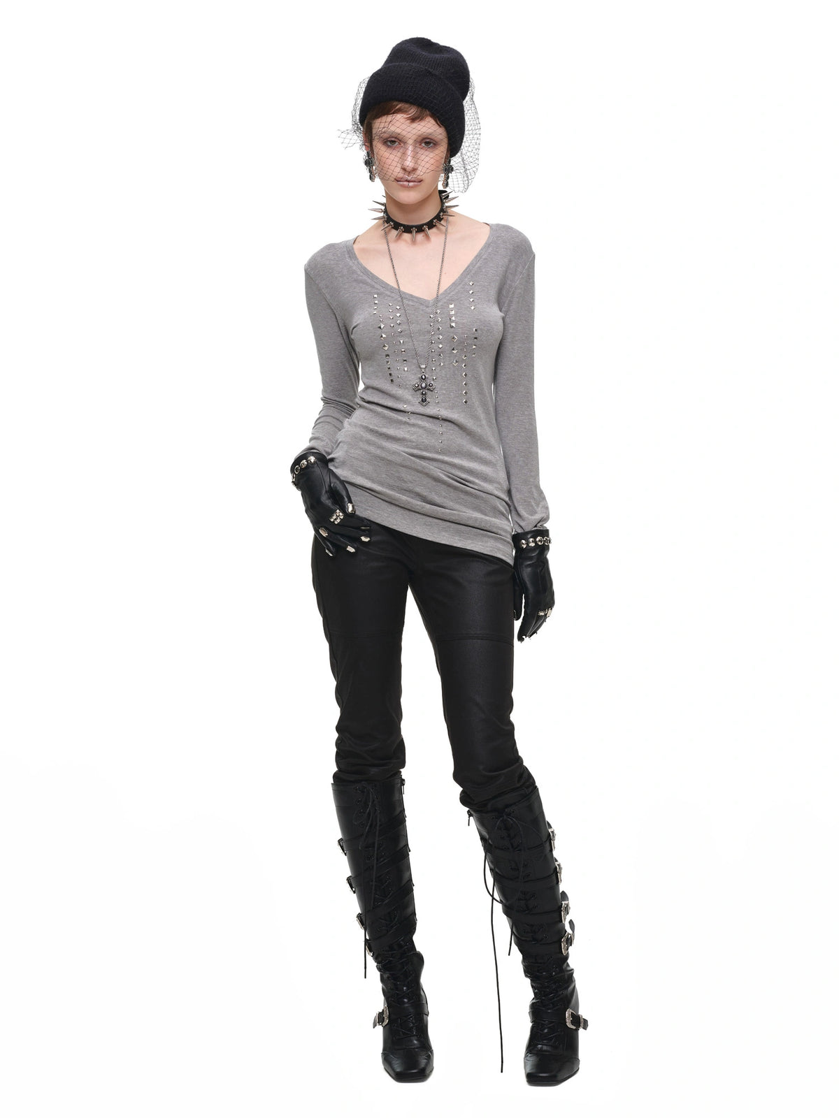 1Jinn Studio Grunge Studded Long Sleeve V Neck Top | Canton Collective