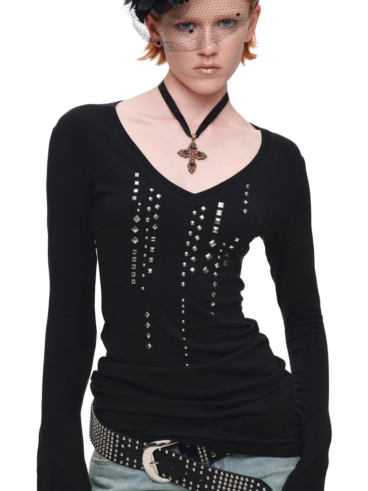 1Jinn Studio Grunge Studded Long Sleeve V Neck Top | Canton Collective
