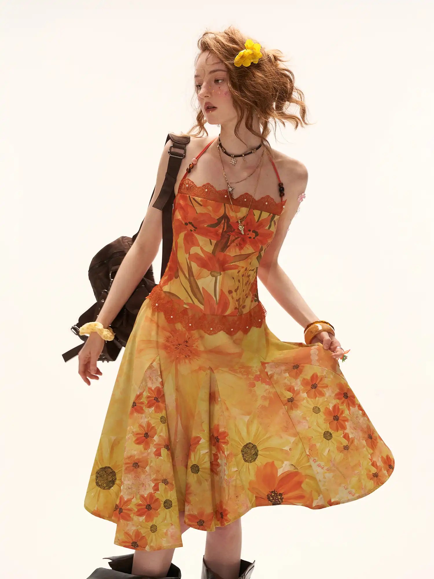 MAMC Halterneck Tie Yellow Floral Print Midi Dress | Canton Collective