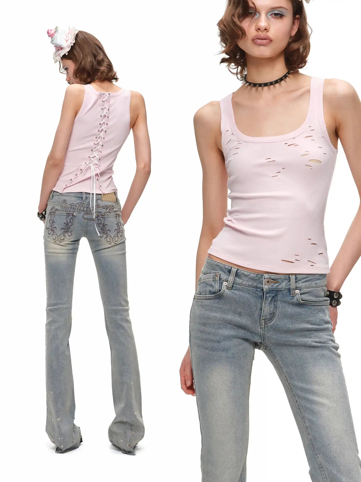 1Jinn Studio Hand Distressed Tank Top with Lace-up Back | Canton Collective