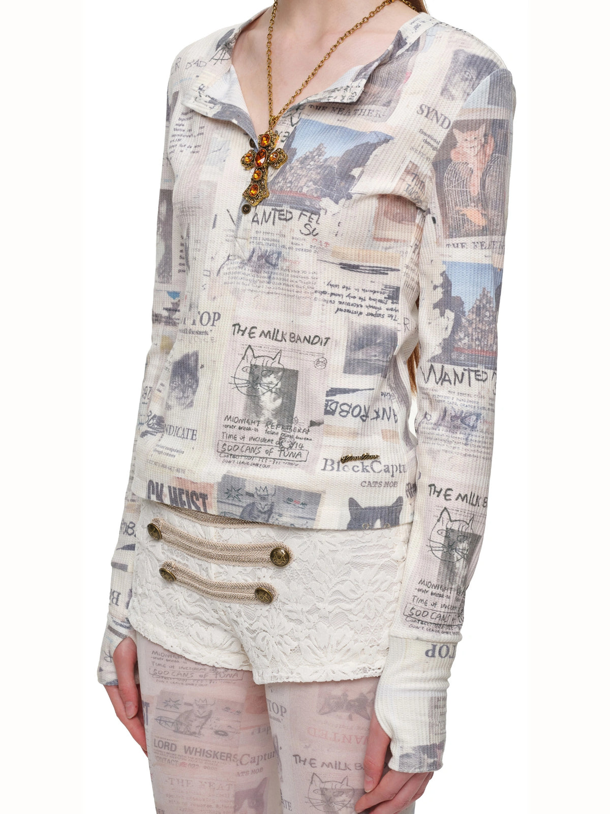 1Jinn Studio Henley Newspaper Print Long Sleeve Top | Canton Collective